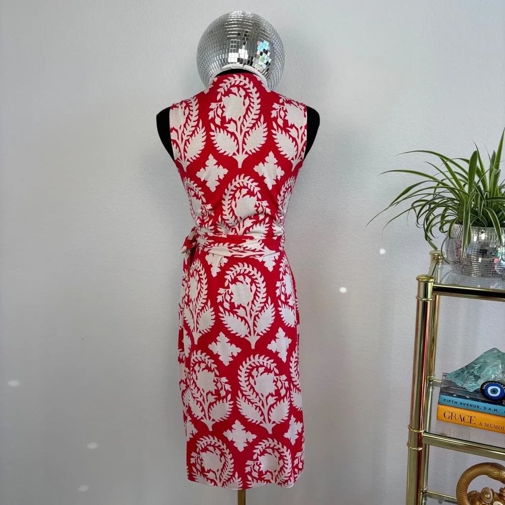 Diane von Furstenberg Yahzi Silk Wrap Dress, Sleeveless Floral | Size 4 Red 70s